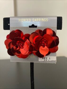 Red Sequin Flower Cluster Pierced Earrings